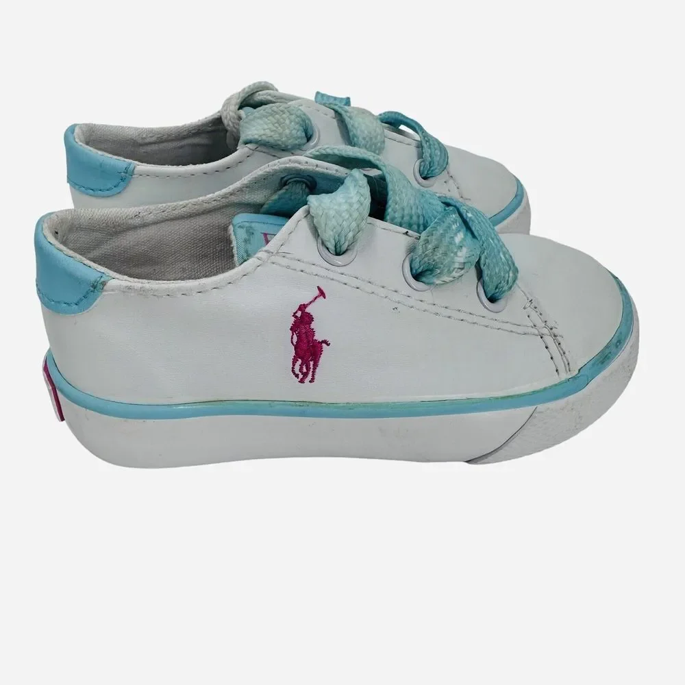 POLO Ralph Lauren Toddler Leather Sneakers‎ Shoes Size 6 White Pink Pony